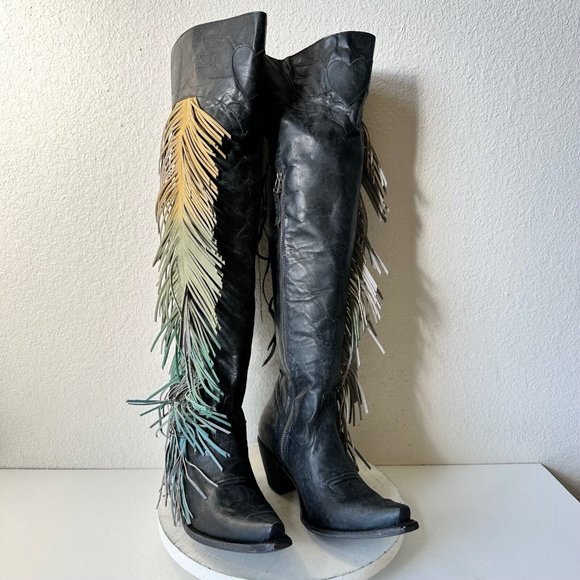 Junk Gypsy Shoes - NEW Junk Gypsy Lane Spirit Animal Western Boots Sz 8 Over the Knee Black Fringe